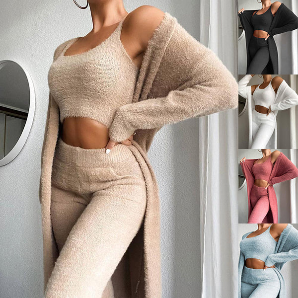 Effortlessly Chic: The Exquisite Women's Fashion Solid Fluffy Plain Crop Top & Skinny Pants & Longline Coat Set Warm Cozy Suit Sets